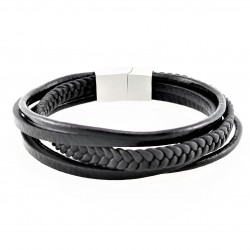 Zwarte Leren Armband Stijl 5-in-1 met Gevlochten