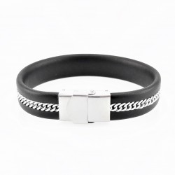 Zwart Leren Armband met Gourmet-Ketting