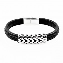 Heren Gevlochten Leren Armband Stalen Detailplaat