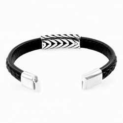 Heren Gevlochten Leren Armband Stalen Detailplaat