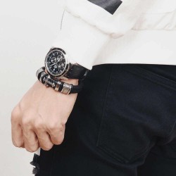 Zwart Gevlochten Leren Heren Armband Kruisdetail