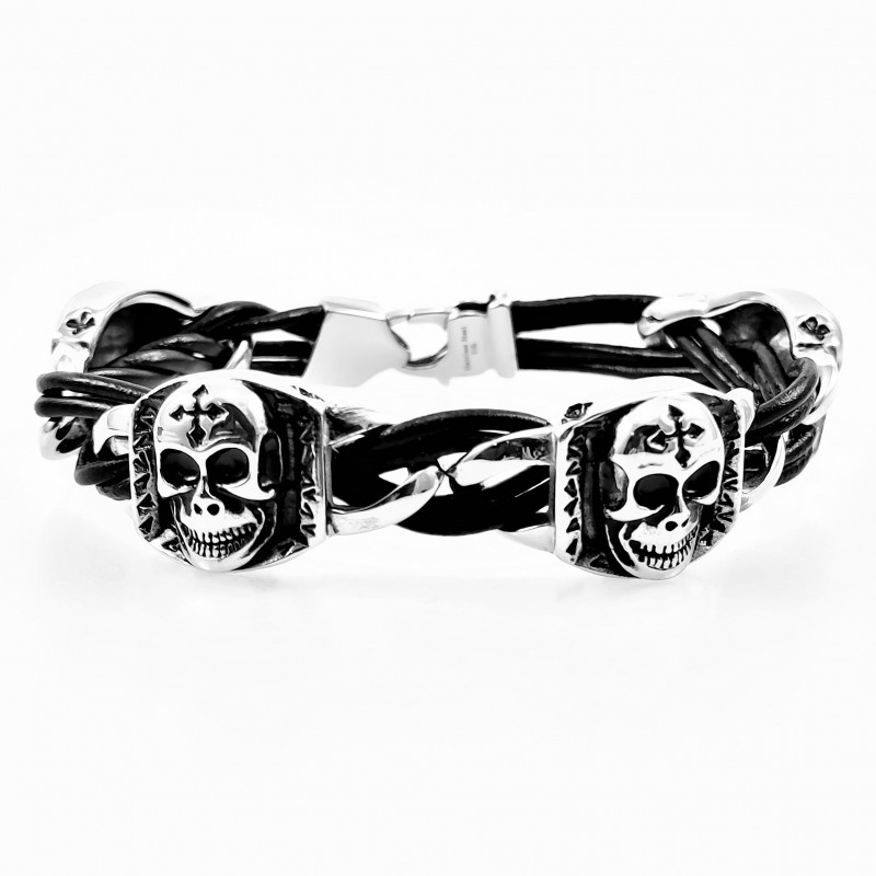 Zwarte Heren Leren Armband met RVS Schedels