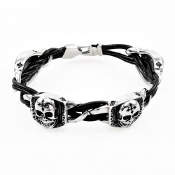 Zwarte Heren Leren Armband met RVS Schedels