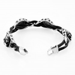 Zwarte Heren Leren Armband met RVS Schedels