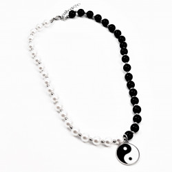 Dames Collier - Zwart-Wit Kralen Ketting - Ketting met Yin Yang-Hanger RVS