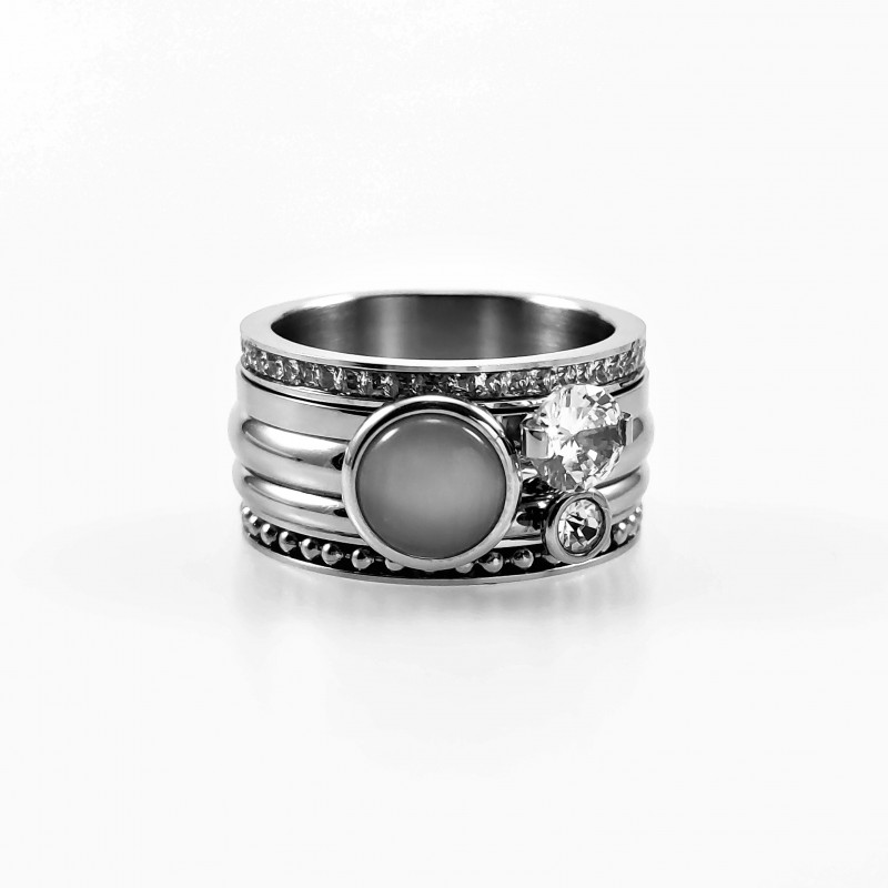 XXL Ring Dames Grijze Kattenoogsteen Stalen Zilver Kleur Grijs Ring Diameter 20 mm (omtrek mm)