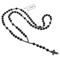 6mm Rozenkrans Heren - Ketting Matte Onyx en Hematiet - Kralen Ketting met Kruis