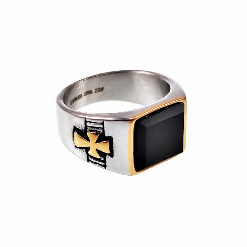 Geruïneerd Herrie Invloed Zegelring Heren Stalen Zilver Goud Kleur Ring met Onyx Steen Kruisjes Kleur  Zwart Ring Omtrek 66 mm (diameter 21,0 mm)