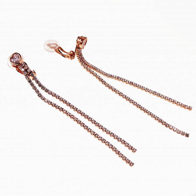 Lange Oorclips Dames - Rosé Gold Plating - Druppel Oorbellen - Kristallen Hart- en Zirconia-Clip-on Oorbellen