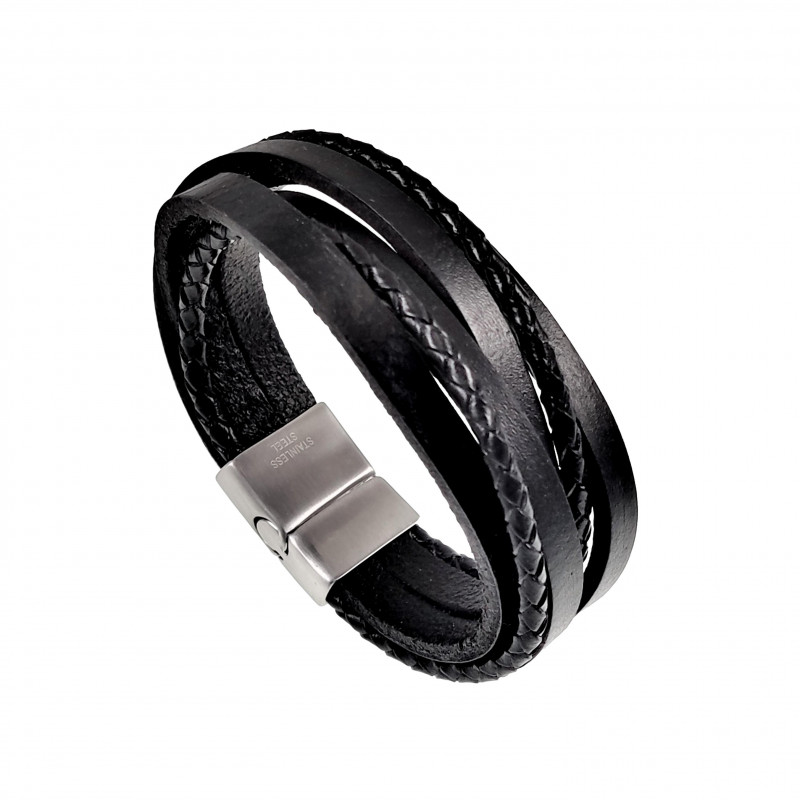 Armband Heren - Zwart Echt Leer - RVS Sluiting - 6 Snoeren Leder Armband - Robuuste armband