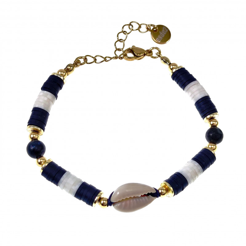 Polymeerklei Armband Unisex - Donkerblauw-Gebroken Wit - Verguld RVS - Verstelbaar Armband met Natuurlijke Schelp