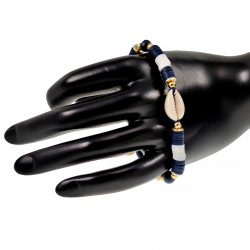 Polymeerklei Armband Unisex - Donkerblauw-Gebroken Wit - Verguld RVS - Verstelbaar Armband met Natuurlijke Schelp