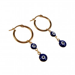 ∅20mm Oorbellen Dames - Verguld RVS - Oorringen met Twee Blauwe Turkse Oog Hanger - Bungelen Oorbellen