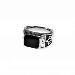 Ring Heren - Kroon Design - Gepolijst RVS - Zegelring met Zwarte Emaille