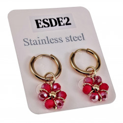 ∅14mm x 2mm Oorringen Dames - Verguld RVS - Rode Gefacetteerde Kristallen Bloem Hanger - Bungelende Oorbellen