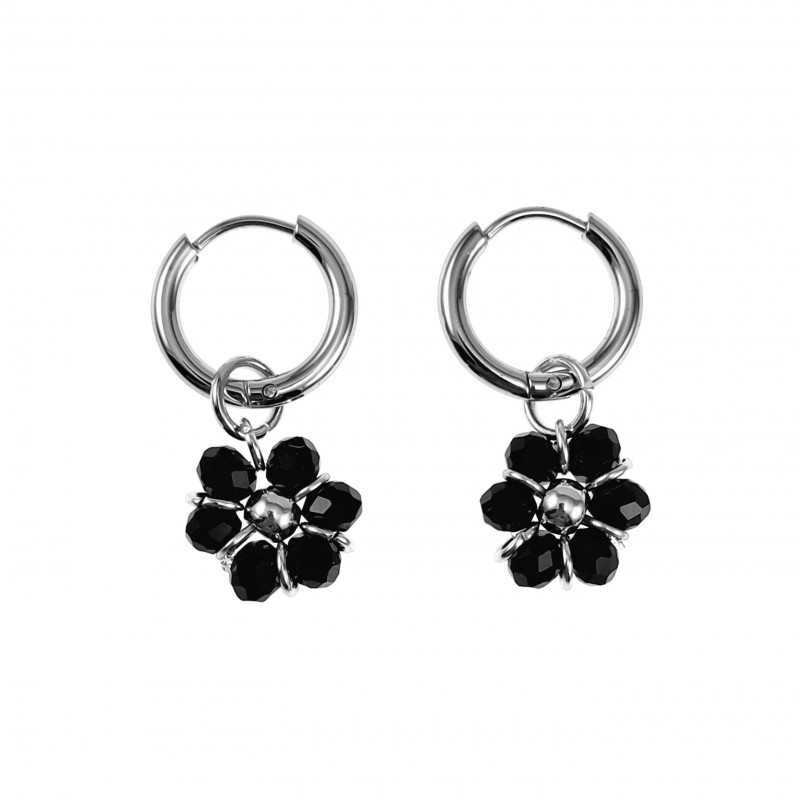 ∅14mm x 2mm Oorringen Dames - Gepolijst RVS - Zwart Gefacetteerde Kristallen Bloem Hanger - Bungelende Oorbellen