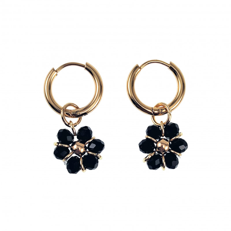 ∅14mm x 2mm Oorringen Dames - Verguld RVS - Zwart Gefacetteerde Kristallen Bloem Hanger - Bungelende Oorbellen