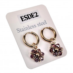 ∅14mm x 2mm Oorringen Dames - Verguld RVS - Paars ab Gefacetteerde Kristallen Bloem Hanger - Bungelende Oorbellen