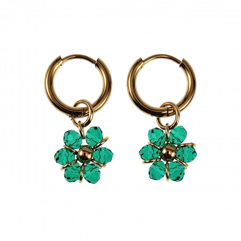 ∅14mm x 2mm Oorringen Dames - Verguld RVS - Groen Gefacetteerde Kristallen Bloem Hanger - Bungelende Oorbellen