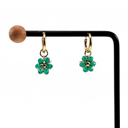 ∅14mm x 2mm Oorringen Dames - Verguld RVS - Groen Gefacetteerde Kristallen Bloem Hanger - Bungelende Oorbellen