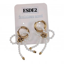 ∅15mm x 2,5mm Oorbellen Dames - Verguld RVS - Witte Schelpstrik Bungelende Oorbellen - Oorringen met Hanger