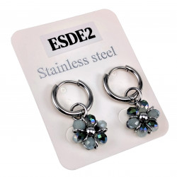 ∅14mm x 2mm Oorringen Dames - Gepolijst RVS - Grijze-Groen Gefacetteerde Kristallen Bloem Hanger - Bungelende Oorbellen