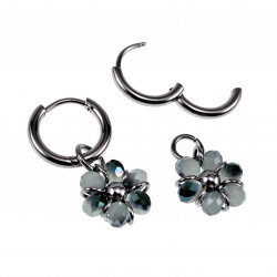 ∅14mm x 2mm Oorringen Dames - Gepolijst RVS - Grijze-Groen Gefacetteerde Kristallen Bloem Hanger - Bungelende Oorbellen