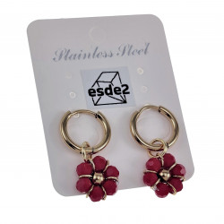 ∅14mm x 2mm Oorringen Dames - Verguld RVS - Doffe Rode Gefacetteerde Kristallen Bloem Hanger - Bungelende Oorbellen