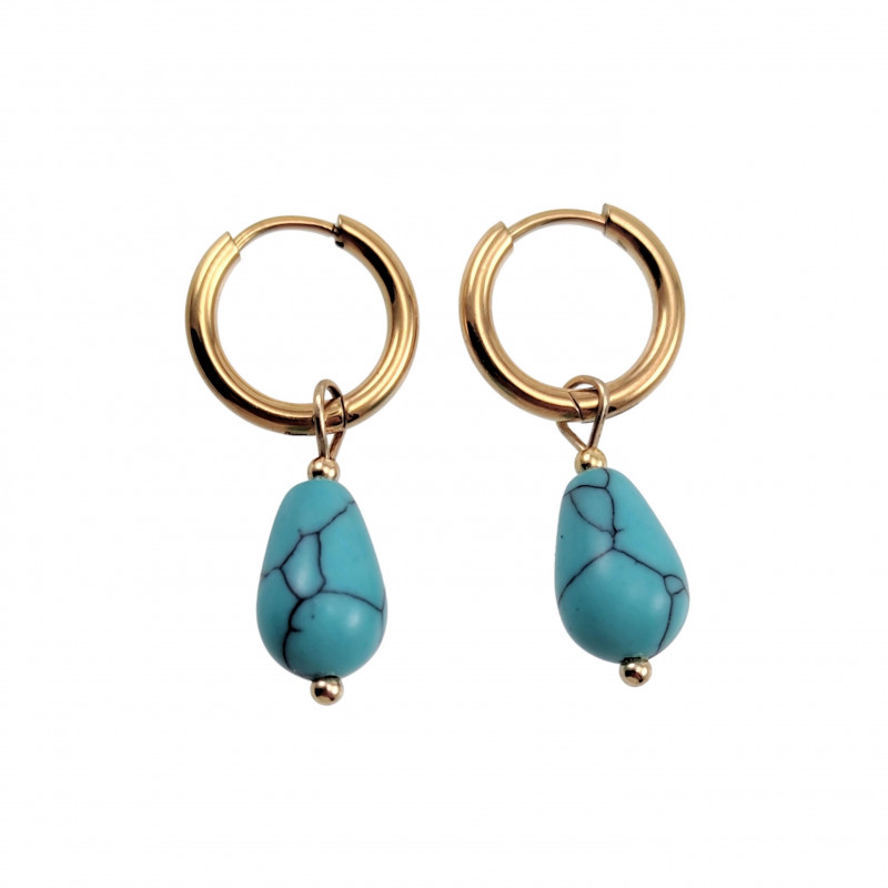 ∅14mm x 2mm Oorringen Dames - Verguld RVS - Oorringen met Druppel Turquoise Stenen Hangertjes - Bungelende Oorbellen