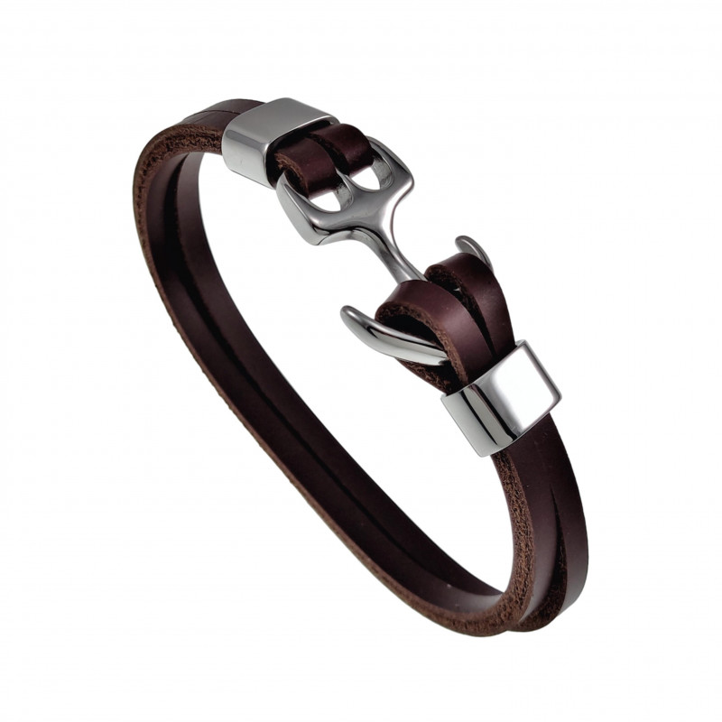 Armband Unisex - Meerlagige Armband met Anker - Gepolijst RVS - Bruin Leer