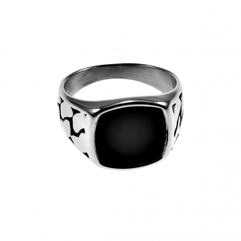 Zegelring Heren - Gepolijst RVS - Staal Zilverkleurig Ring met Onyx