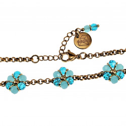 17 tot20 cm Armband Dames - Verguld RVS - Goudkleurig - Ronde Schakelarmband  met Turquoise Bloemen - Verstelbaar