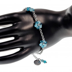 17 tot 20cm Armband Dames - Gepolijst RVS - Zilverkleurig - Ronde Schakelarmband met Turquoise Bloemen - Verstelbaar