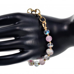 16 - 20cm Armband Dames - Verguld RVS - Ovale Schakelarmband met Kristallen - Murano-Glaskralen en Roze Chalcedoon Jade Stenen