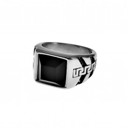 Zegelring Heren - Gepolijst RVS - Grieks Desing - Ring met Onyx