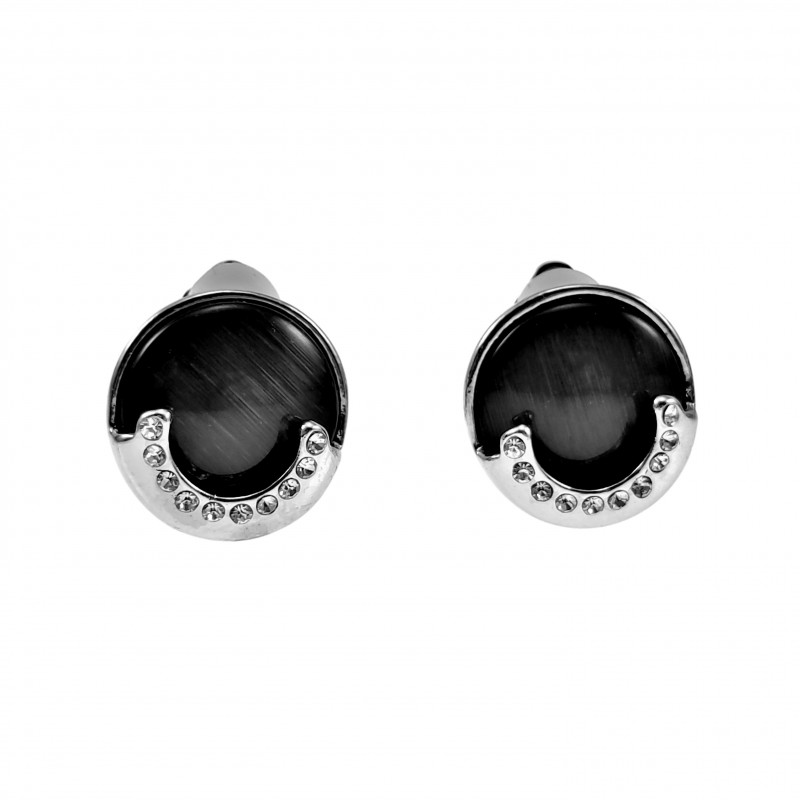 Oorclips Dames - Zwarte Cabochon Clip-on Oorbellen met Strass - 16 mm Ronde Oorclips