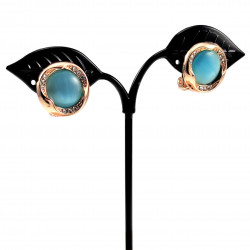 Roségoudkleur Oorclips Dames met Strass - Turquoise Cabochon Clip-on Oorbellen Dames - 18mm Ronde Oorclips met Strass