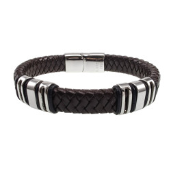 19cm Armband Heren - Donkerbruine Leren Armband met Decoratieve RVS-Stukken - Gevlochten Armband