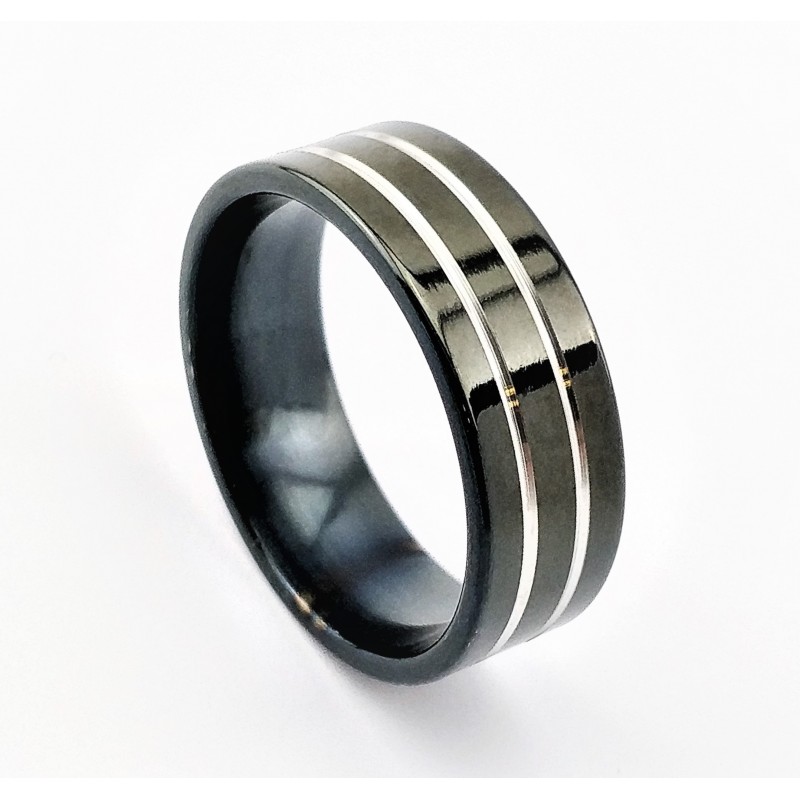 spion huilen Facet Klassieke Zwart RVS Ring met Twee-Strepen Kleur Zwart Ring Omtrek 55 mm  (diameter 17,5 mm)