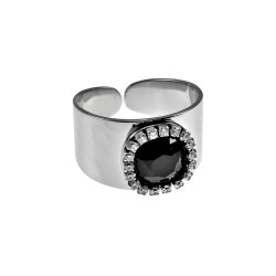 12mm Brede Ring Dames - Gepolijst RVS - Ring met Zwarte Zirkonia - Verstelbaar