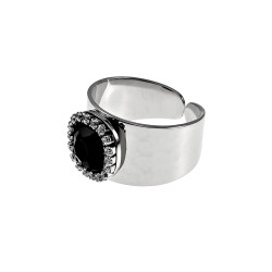 12mm Brede Ring Dames - Gepolijst RVS - Ring met Zwarte Zirkonia - Verstelbaar