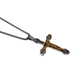 55cm x 2mm Jasseron-Ketting + 37mm x 28mm Kruishanger Unisex - RVS Zilverkleur/Goudkleur - Bicolor Kruishanger met Jesus