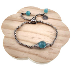 15 tot 20cm Armband Dames - Gepolijst RVS - Ronde Schakelarmband met Turquoise kattenoogsteen - Verstelbaar met Schuifsluiting