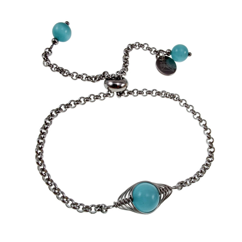 15 tot 20cm Armband Dames - Gepolijst RVS - Ronde Schakelarmband met Turquoise kattenoogsteen - Verstelbaar met Schuifsluiting